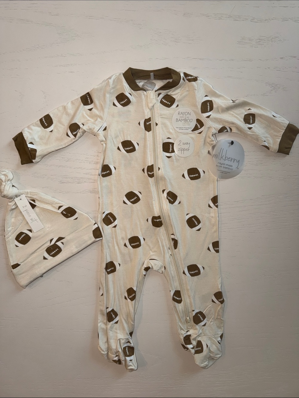 Milkberry Cream Football Print Footie with Hat 0-3 3-6 6-9 months
